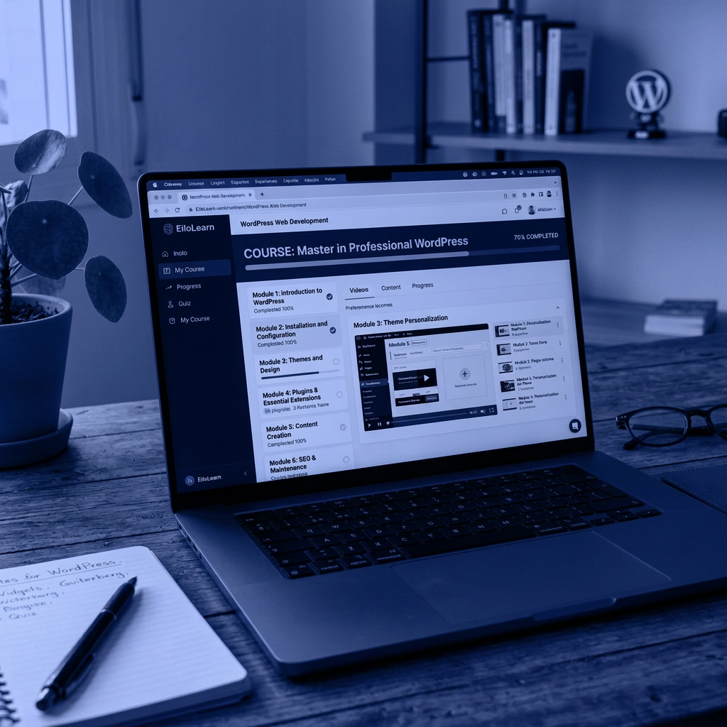 Laptop displaying a Spanish WordPress course marked 70% complete