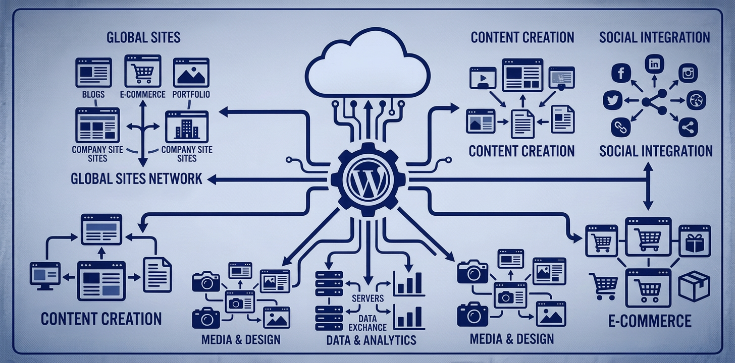 WordPress platform diagram connecting sites, content, commerce, data, media, and social integration